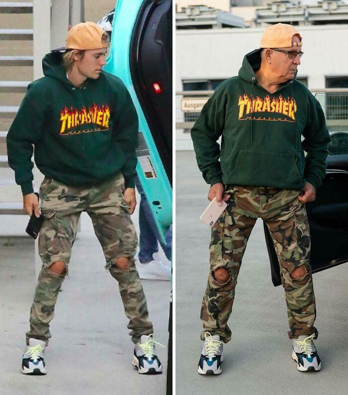 Vốn đam mê street style nên ông chắc chắn sẽ không thể bỏ qua Justin Bieber. Nguyên outfit của ngôi sao nhạc Pop bao gồm hoodie cùng quần họa tiết camo rách gối, kèm phụ kiện mũ lưỡi trai vàng cam được diện lại y hệt. Một chi tiết nhỏ như chiếc điện thoại mà Justin cầm trên tay cũng được mô phỏng lại