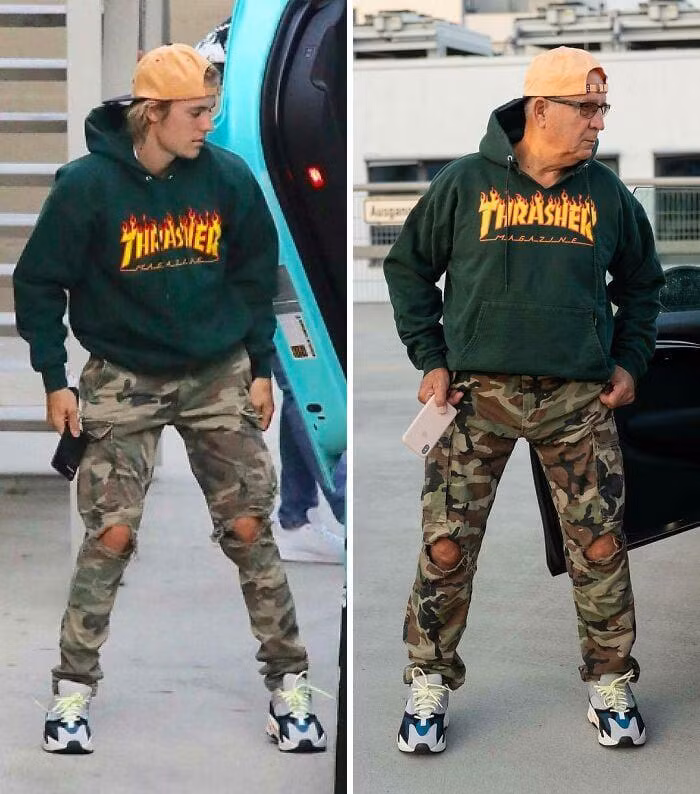 Vốn đam mê street style nên ông chắc chắn sẽ không thể bỏ qua Justin Bieber. Nguyên outfit của ngôi sao nhạc Pop bao gồm hoodie cùng quần họa tiết camo rách gối, kèm phụ kiện mũ lưỡi trai vàng cam được diện lại y hệt. Một chi tiết nhỏ như chiếc điện thoại mà Justin cầm trên tay cũng được mô phỏng lại
