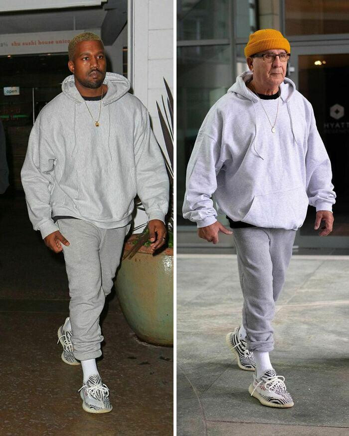 Bức ảnh gây sốt của ông Diefenbach chính là khoảnh khắc cosplay rapper Kayne West với phong cách thời trang đã trở thành thương hiệu &quot;cộp mác&quot; chồng cũ Kim Kardashian. Ông diện nguyên set đồ hoodie và quần jogger cùng màu, phối với giày Yeezy cá tính. Thậm chí còn đội thêm chiếc mũ len nổi bật hơn &quot;nhân vật chính&quot;