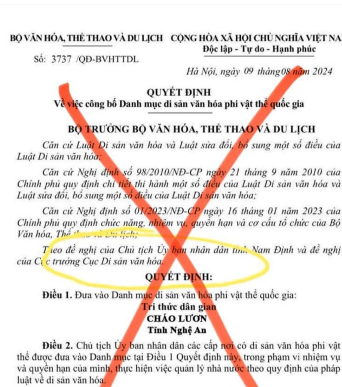Văn bản giả mạo quyết định của Bộ VHTTDL.