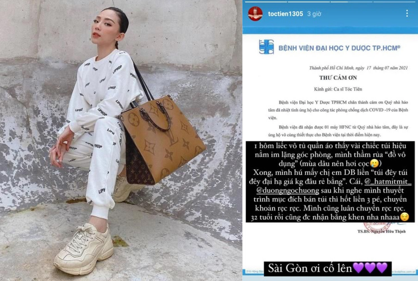 Giữa mùa dịch, ca sĩ Tóc Tiên cũng quyết định bán loạt túi hiệu đắt đỏ để hỗ trợ máy thở oxy cho bệnh viện Đại học Y Dược TP.HCM. Trên story Instagram, nữ ca sĩ hạnh phúc khoe thư cảm ơn của bệnh viện và chia sẻ về việc làm của mình Giữa mùa dịch, ca sĩ Tóc Tiên cũng quyết định bán loạt túi hiệu đắt đỏ để hỗ trợ máy thở oxy cho bệnh viện Đại học Y Dược TP.HCM. Trên story Instagram, nữ ca sĩ hạnh phúc khoe thư cảm ơn của bệnh viện và chia sẻ về việc làm của mình