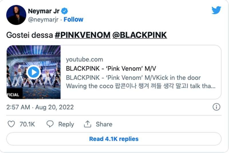 Neymar thích thú với MV mới của BLACKPINK. Neymar thích thú với MV mới của BLACKPINK.