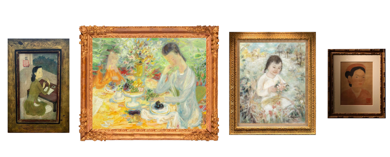 Từ trái qua phải: “Thiếu nữ đọc sách” của Mai Trung Thứ, mực và màu trên lụa, 25 x 13 cm. "Món tráng miệng" của Lê Phổ, sơn dầu, 65 x 81 cm. “Em bé trong vườn hoa” của Lê Thị Lựu, mực và màu trên lụa, 35 x 21 cm. "Cô gái" của Vũ Cao Đàm, mực và màu trên lụa, 38 x 27 cm. Ảnh: Le Auction House