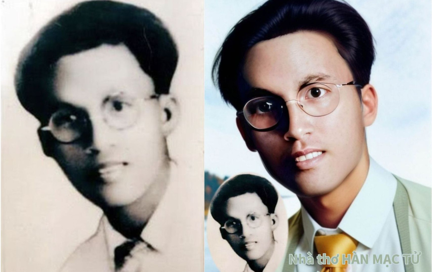 Ảnh gốc đen trắng của nhà thơ Hàn Mặc Tử (trái) và ảnh phục chế bằng AI.