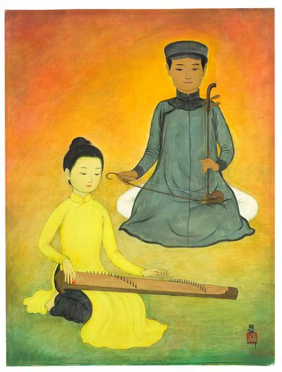 Tranh Đàn tranh, đàn cò của Mai Trung Thứ, vẽ trên lụa. Tác phẩm ra đời năm 1973, kích thước 61,4x46,2 cm, được mua với giá hơn 186.000 euro (hơn 5 tỷ đồng). Họa sĩ chọn những gam màu rực rỡ, làm mờ sau khi rửa lụa để vẽ nền, tạo chiều sâu cho tranh. Tranh Đàn tranh, đàn cò của Mai Trung Thứ, vẽ trên lụa. Tác phẩm ra đời năm 1973, kích thước 61,4x46,2 cm, được mua với giá hơn 186.000 euro (hơn 5 tỷ đồng). Họa sĩ chọn những gam màu rực rỡ, làm mờ sau khi rửa lụa để vẽ nền, tạo chiều sâu cho tranh.