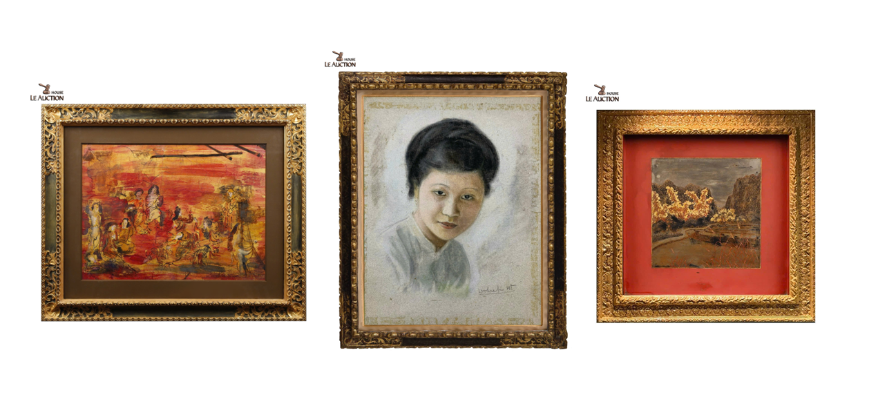 Từ trái qua phải: Vườn xuân của Nguyễn Gia Trí, sơn mài, 57 x 77 cm, Chân dung của Đỗ Đình Hiệp, mực và bột màu trên giấy, 50 x 37 cm. Phong cảnh làng quê của Hoàng Tích Chù, sơn mài, 30.2 x 30.2 cm. Ảnh: Le Auction House.