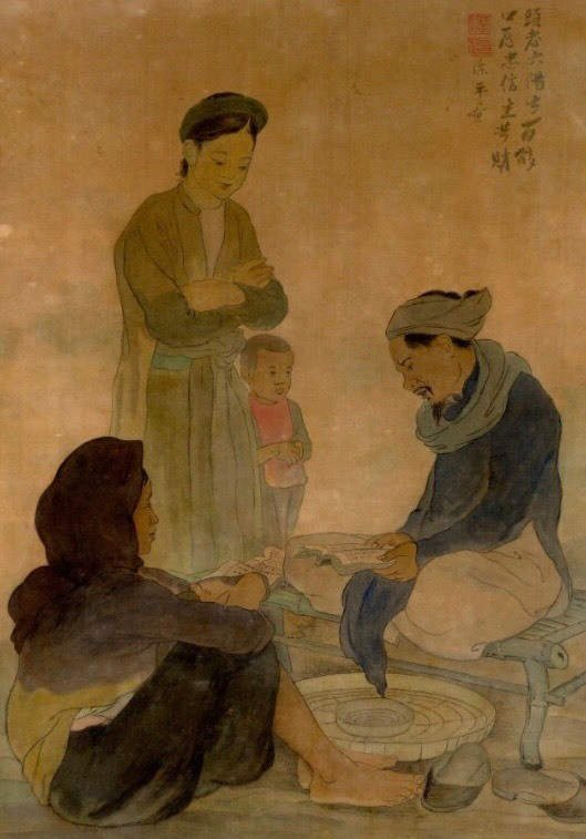 Tranh Lý trưởng đọc sách cho dân làng.