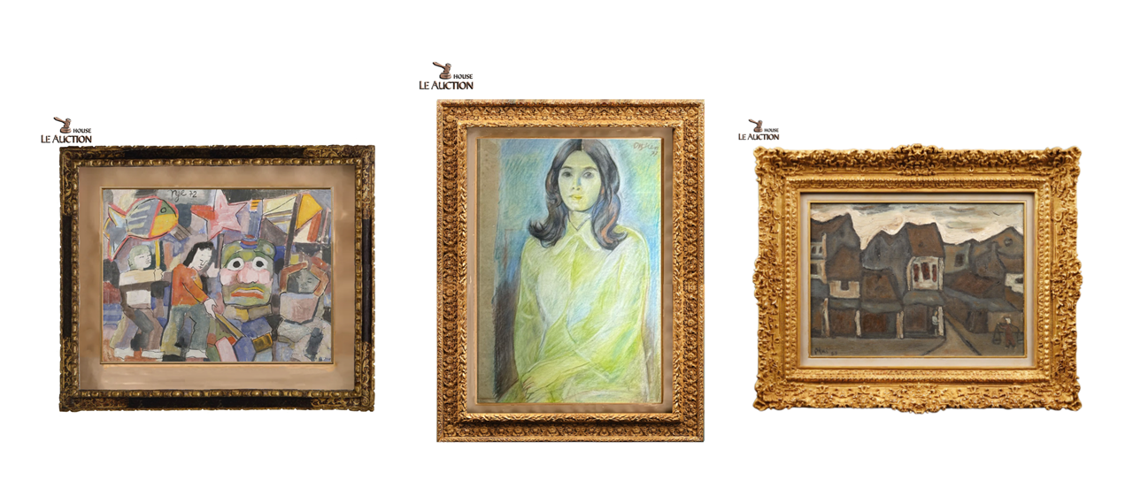 Từ trái qua phải: Trung thu của Nguyễn Tư Nghiêm, bột màu trên giấy, 40 x 69 cm, Chân dung cô gái (1977) của Dương Bích Liên, phấn màu, 51 x 36 cm, Phố cổ (1986) của Bùi Xuân Phái, sơn dầu, 50 x 70 cm. Ảnh: Le Auction House.