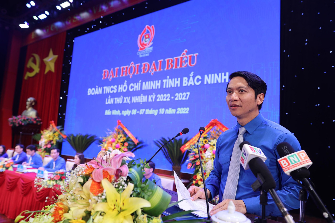 Anh Nguyễn Ngọc Lương, Bí thư Thường trực T.Ư Đoàn, Chủ tịch Hội LHTN Việt Nam, phát biểu tại phiên trọng thể. Ảnh: Như Ý