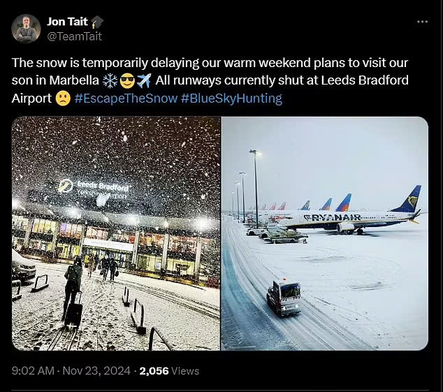 Nhiều hành khách bị mắc kẹt tại sân bay Newcastle và Yorkshire vì các chuyến bay bị delay nhiều giờ do tuyết rơi dày đặc. Ảnh: X.