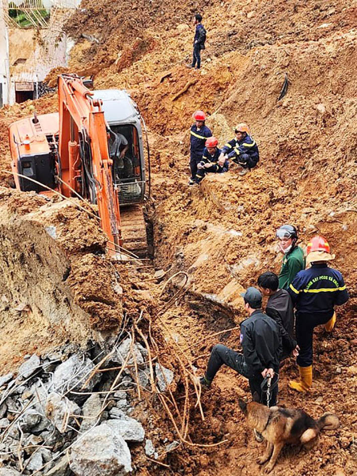 Đưa xe cơ giới và chó nghiệp vào hiện trường vụ sạt lở để tìm kiếm các nạn nhân