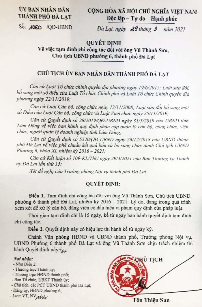 Quyết định tạm đình chỉ công tác ông Vũ Thành Sơn Quyết định tạm đình chỉ công tác ông Vũ Thành Sơn