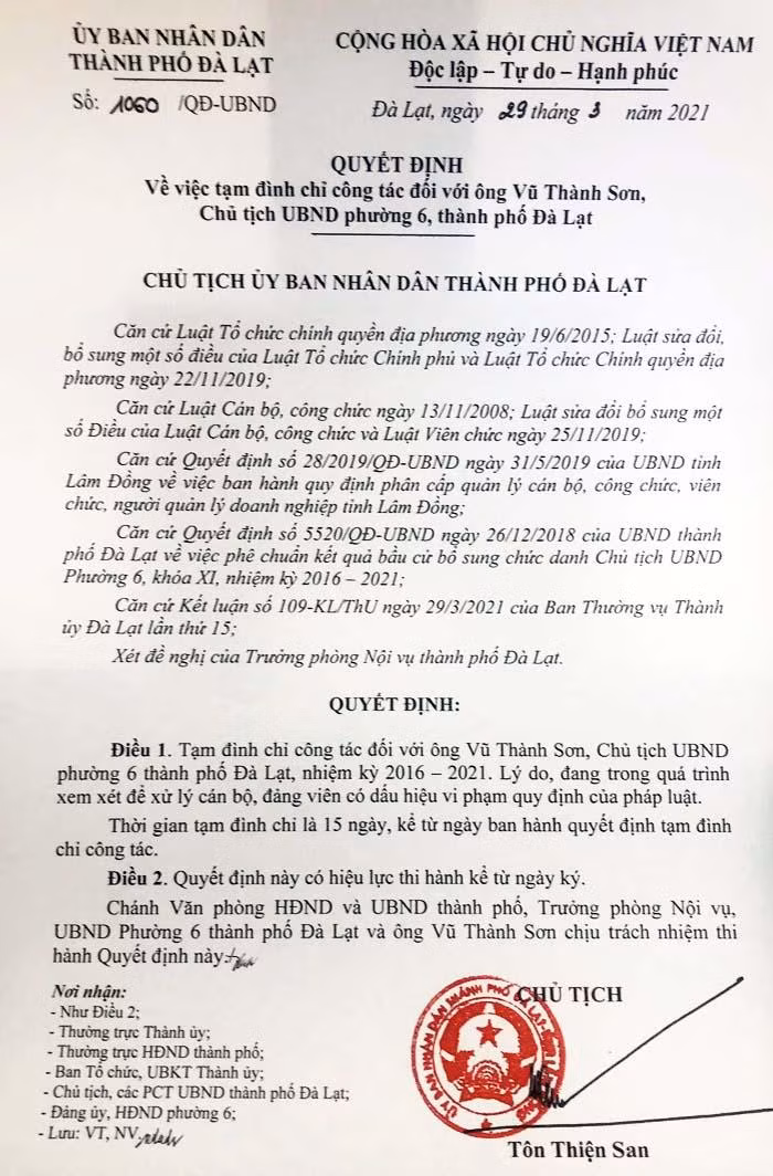 Quyết định tạm đình chỉ công tác ông Vũ Thành Sơn