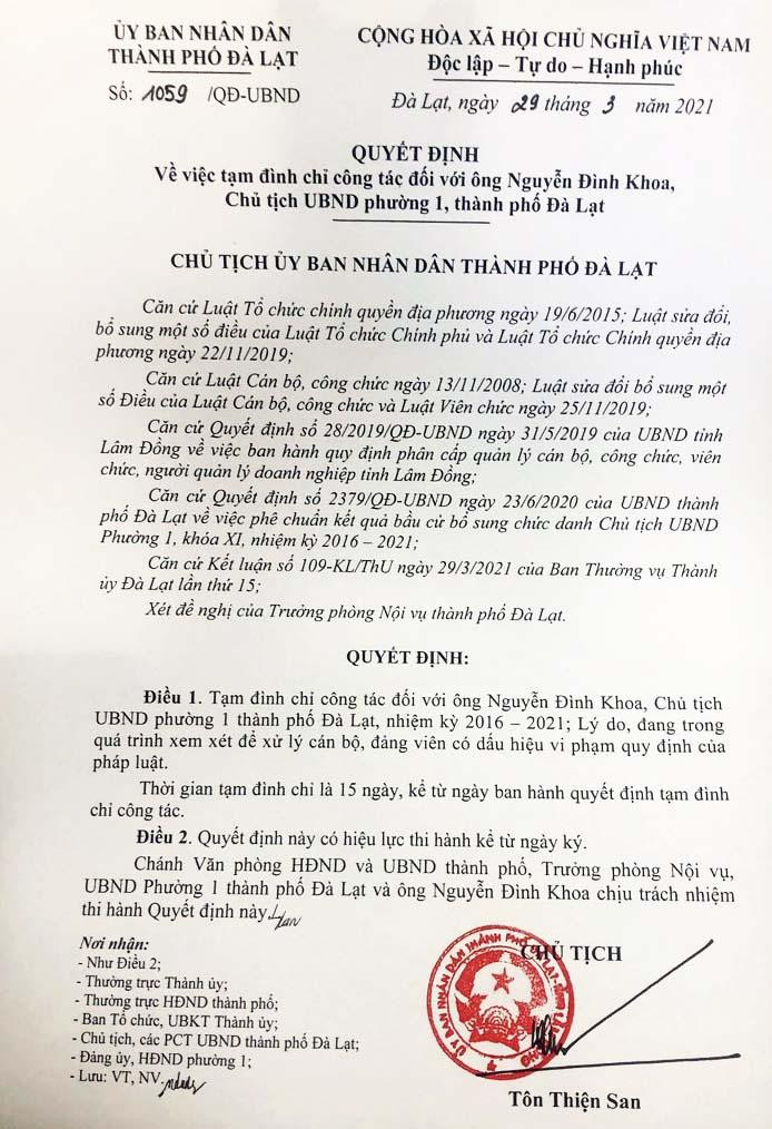 Quyết định tạm đình chỉ công tác ông Nguyễn Đình Khoa Quyết định tạm đình chỉ công tác ông Nguyễn Đình Khoa