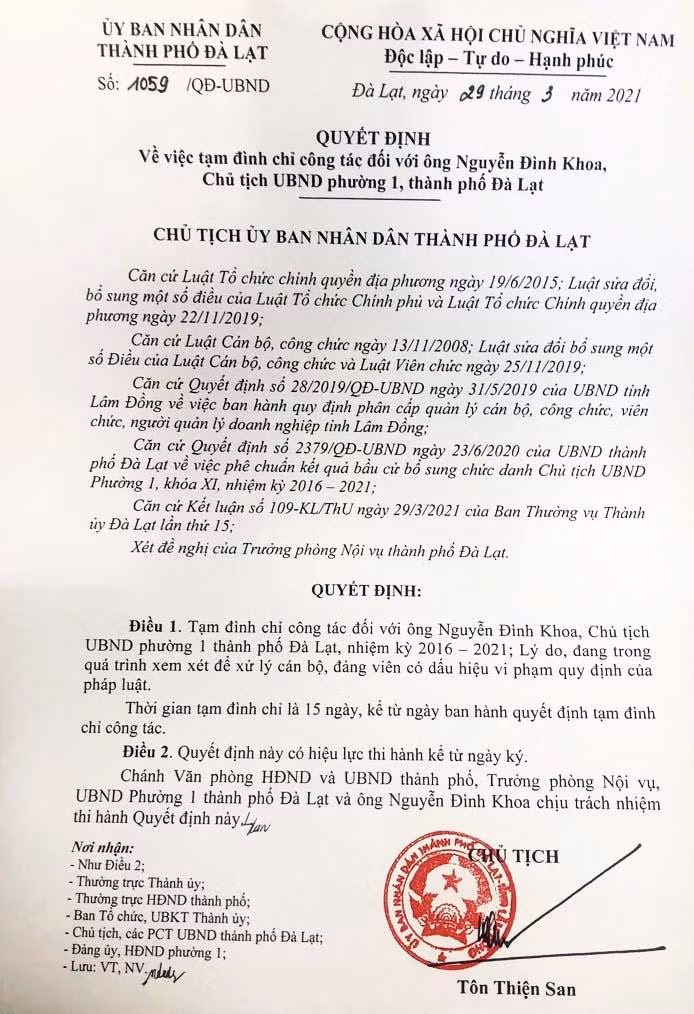 Quyết định tạm đình chỉ công tác ông Nguyễn Đình Khoa