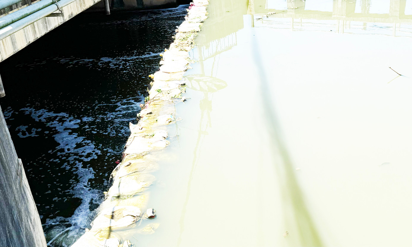 Dòng nước đen ngòm, sủi bọt từ hồ lắng chảy vào hồ Xuân Hương Dòng nước đen ngòm, sủi bọt từ hồ lắng chảy vào hồ Xuân Hương