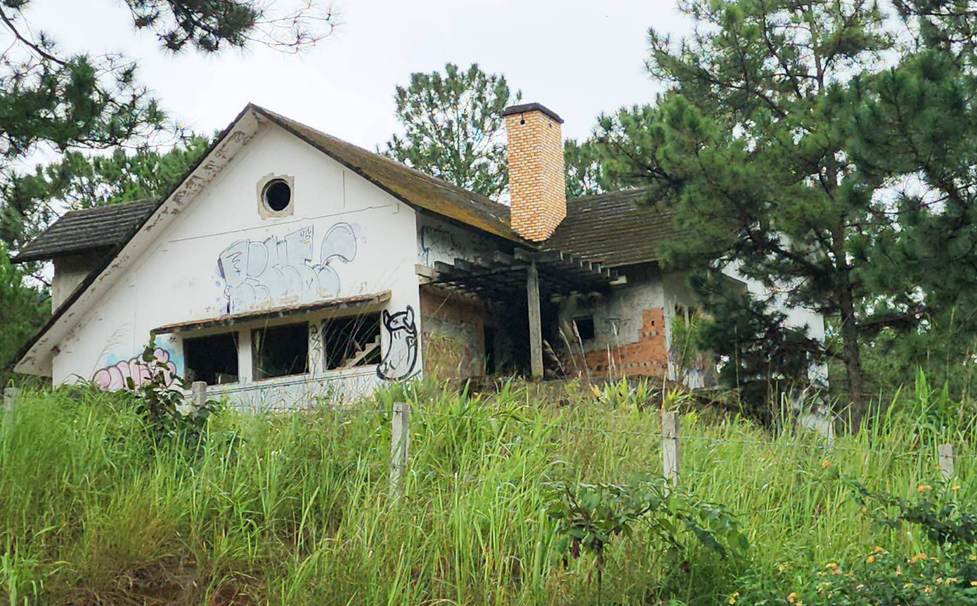 Cỏ mọc um tùm, tường bị vẽ hình nham nhở Cỏ mọc um tùm, tường bị vẽ hình nham nhở