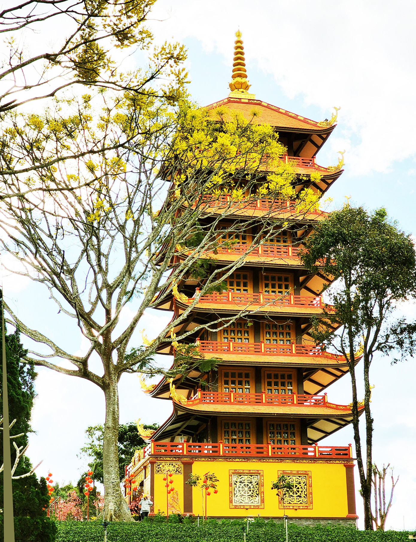 Tháp 7 tầng càng đẹp hơn khi phượng nở hoa Tháp 7 tầng càng đẹp hơn khi phượng nở hoa