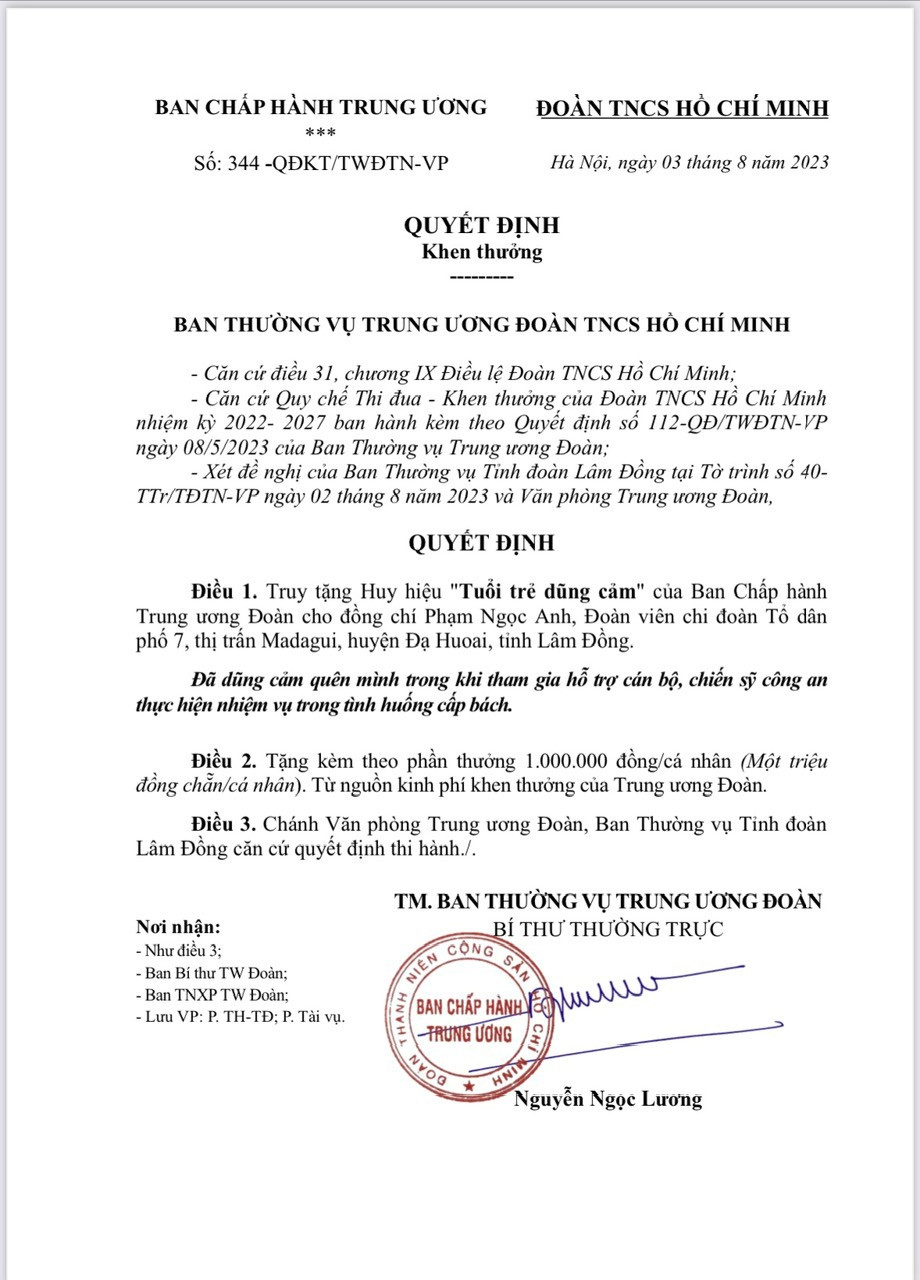 Anh Phạm Ngọc Anh được truy tặng Huy hiệu Tuổi trẻ dũng cảm Anh Phạm Ngọc Anh được truy tặng Huy hiệu Tuổi trẻ dũng cảm