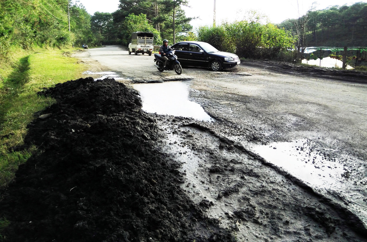 Tài xế phải đánh lái sang bên trái đường để né ổ trâu Tài xế phải đánh lái sang bên trái đường để né ổ trâu