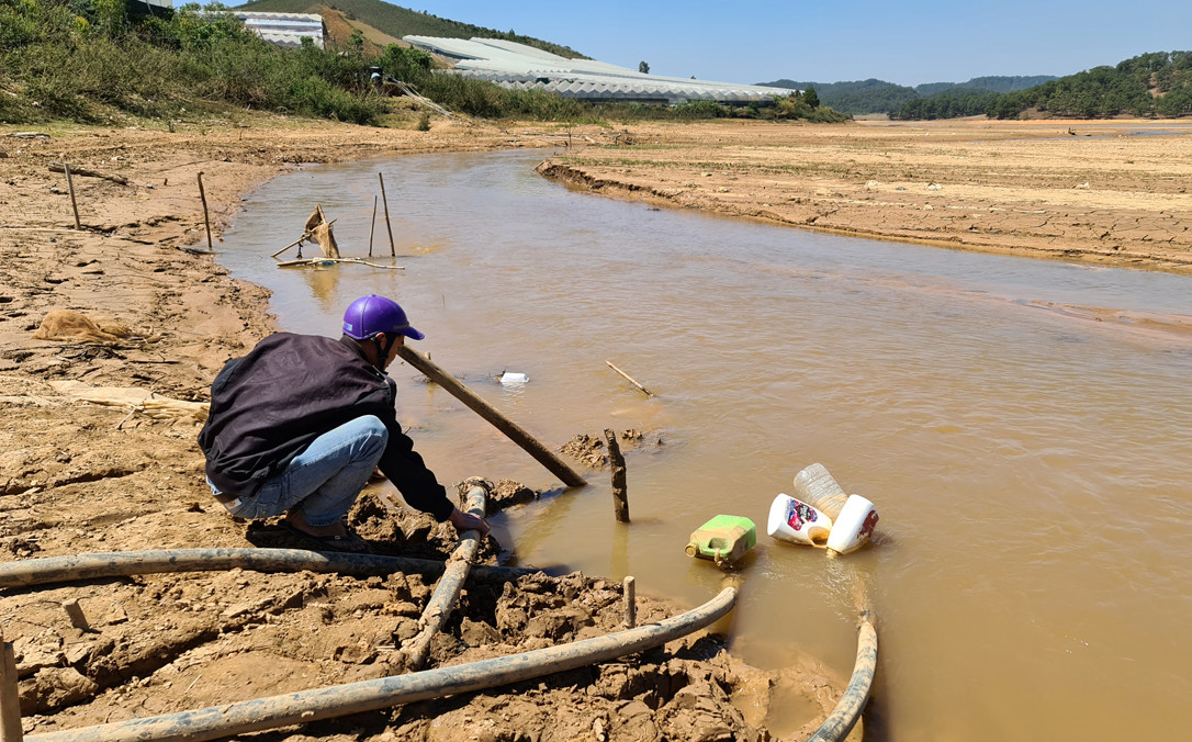 Nhà nông tận dụng nguồn nước hiếm hoi còn sót lại trong lòng hồ để tưới cho cây trồng