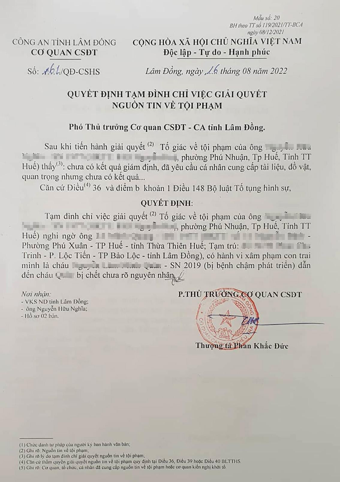 Quyết định tạm đình chỉ giải quyết nguồn tin báo tội phạm liên quan đến vụ cháu bé bị thiêu Quyết định tạm đình chỉ giải quyết nguồn tin báo tội phạm liên quan đến vụ cháu bé bị thiêu