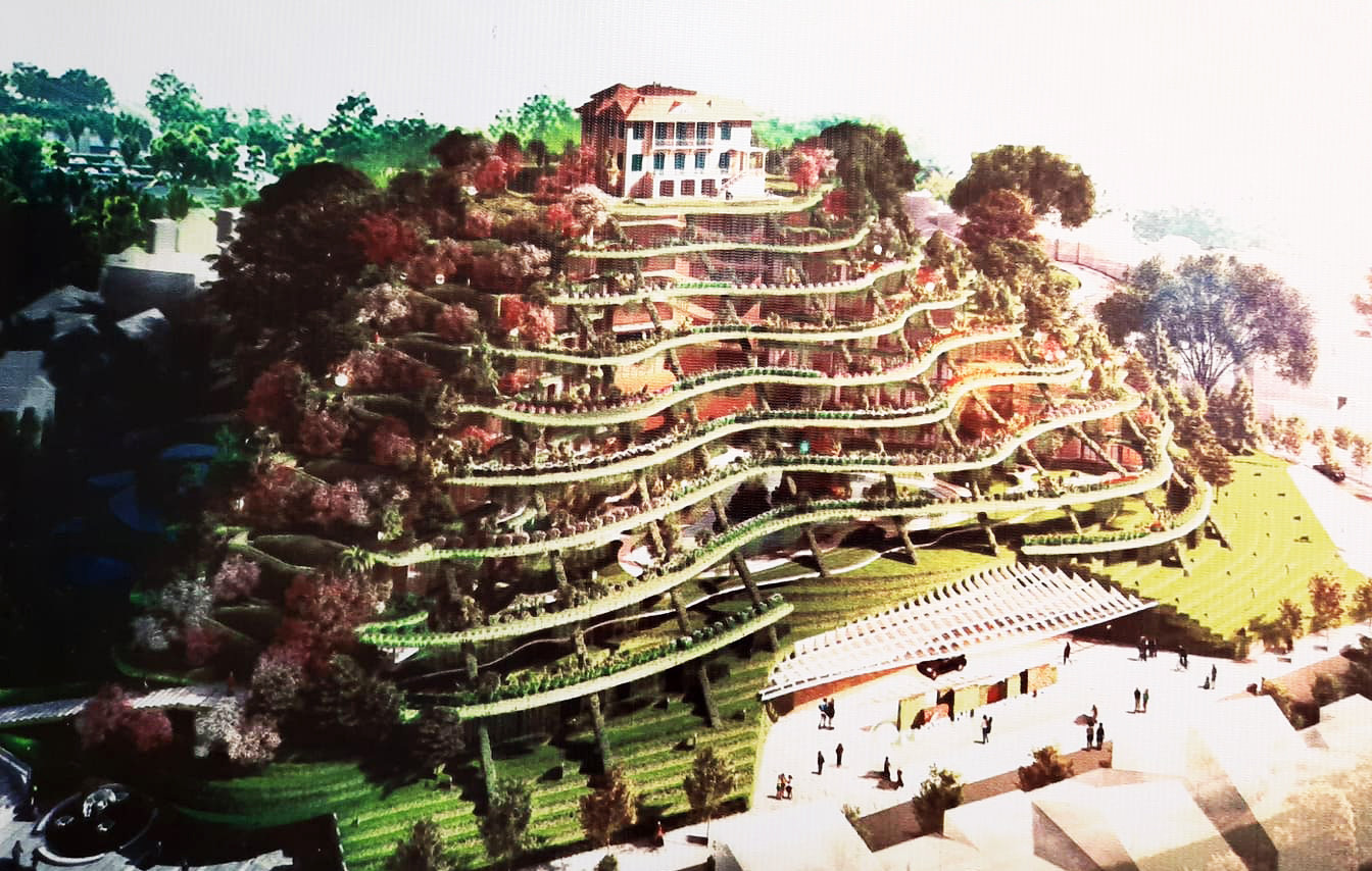 Mô hình phương án đưa Dinh Tỉnh trưởng lên 28 m, phía dưới là tổ hợp khách sạn đồ sộ. Mô hình phương án đưa Dinh Tỉnh trưởng lên 28 m, phía dưới là tổ hợp khách sạn đồ sộ.