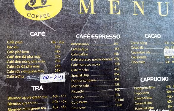 Menu không có "Phượng hoàng lửa", chỉ có món cà phê trứng giá 100-249.000 đồng/ly Menu không có "Phượng hoàng lửa", chỉ có món cà phê trứng giá 100-249.000 đồng/ly