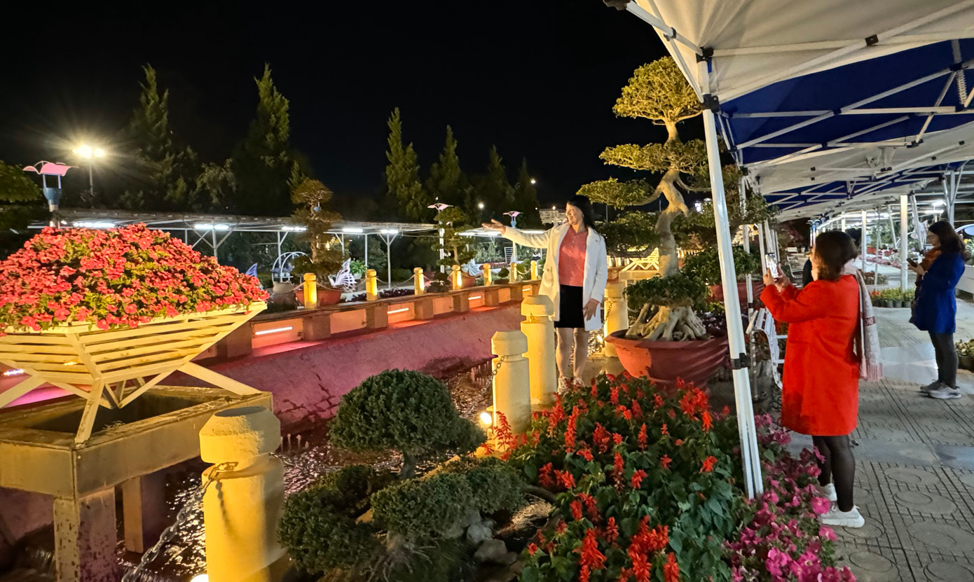 Nhiều người chụp ảnh lưu niệm trong vườn hoa vào ban đêm. Nhiều người chụp ảnh lưu niệm trong vườn hoa vào ban đêm.