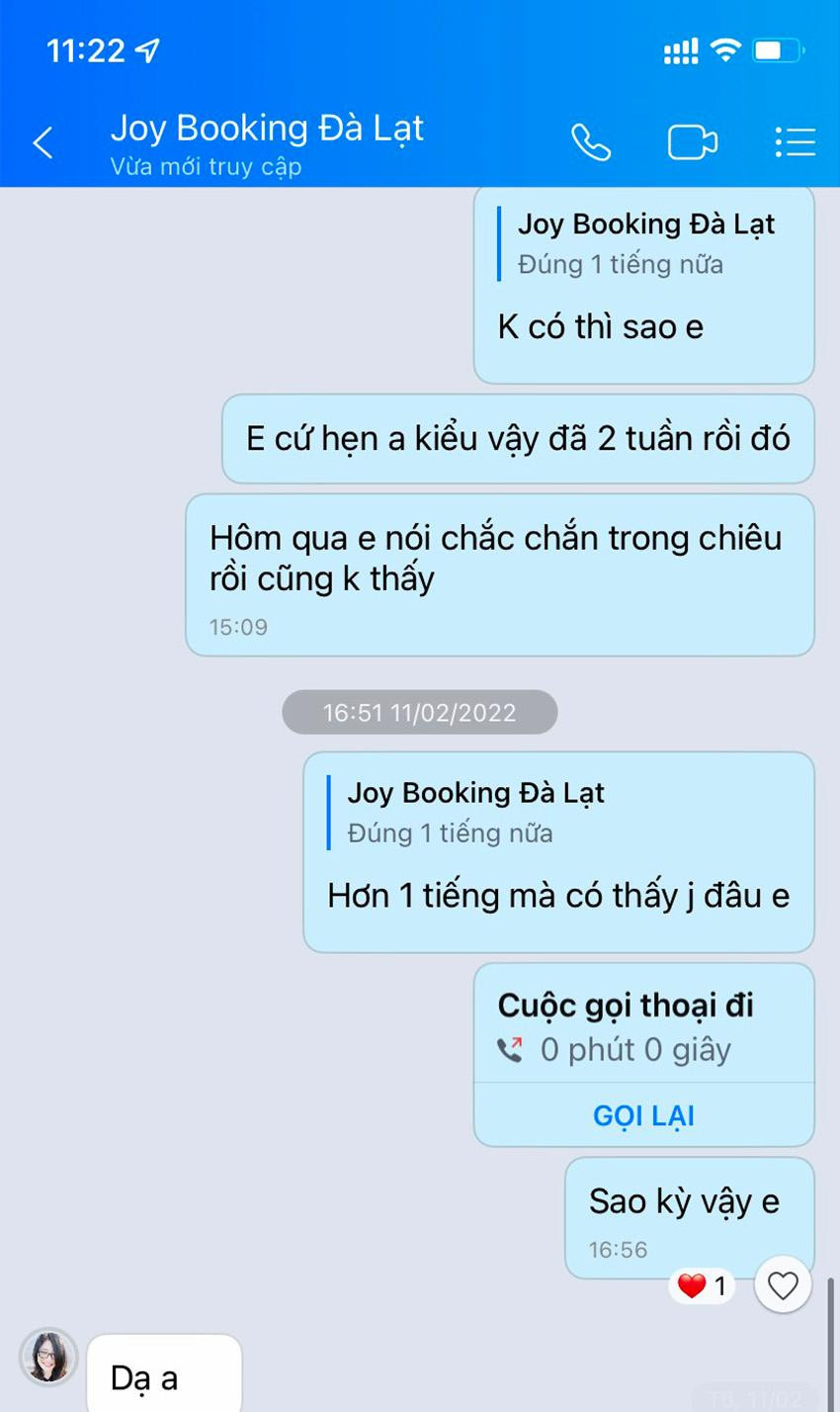 Joy Booking Đà Lạt liên tục hứa hẹn nhưng không chuyển trả tiền cọc cho du khách