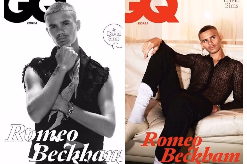 Romeo Beckham để tóc húi cua, nuôi ria mép, mặc áo lưới trên bìa tạp chí thời trang.