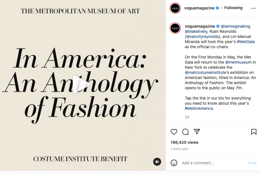 Instagram của tạp chí Vogue Mỹ đăng đoạn giới thiệu ngắn về Met Gala 2022.