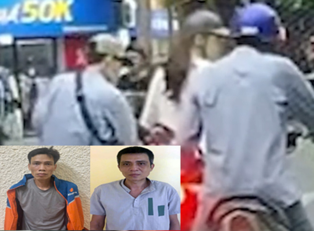 Hình ảnh hai đối tượng dàn cảnh trộm điện thoại của người phụ nữ.