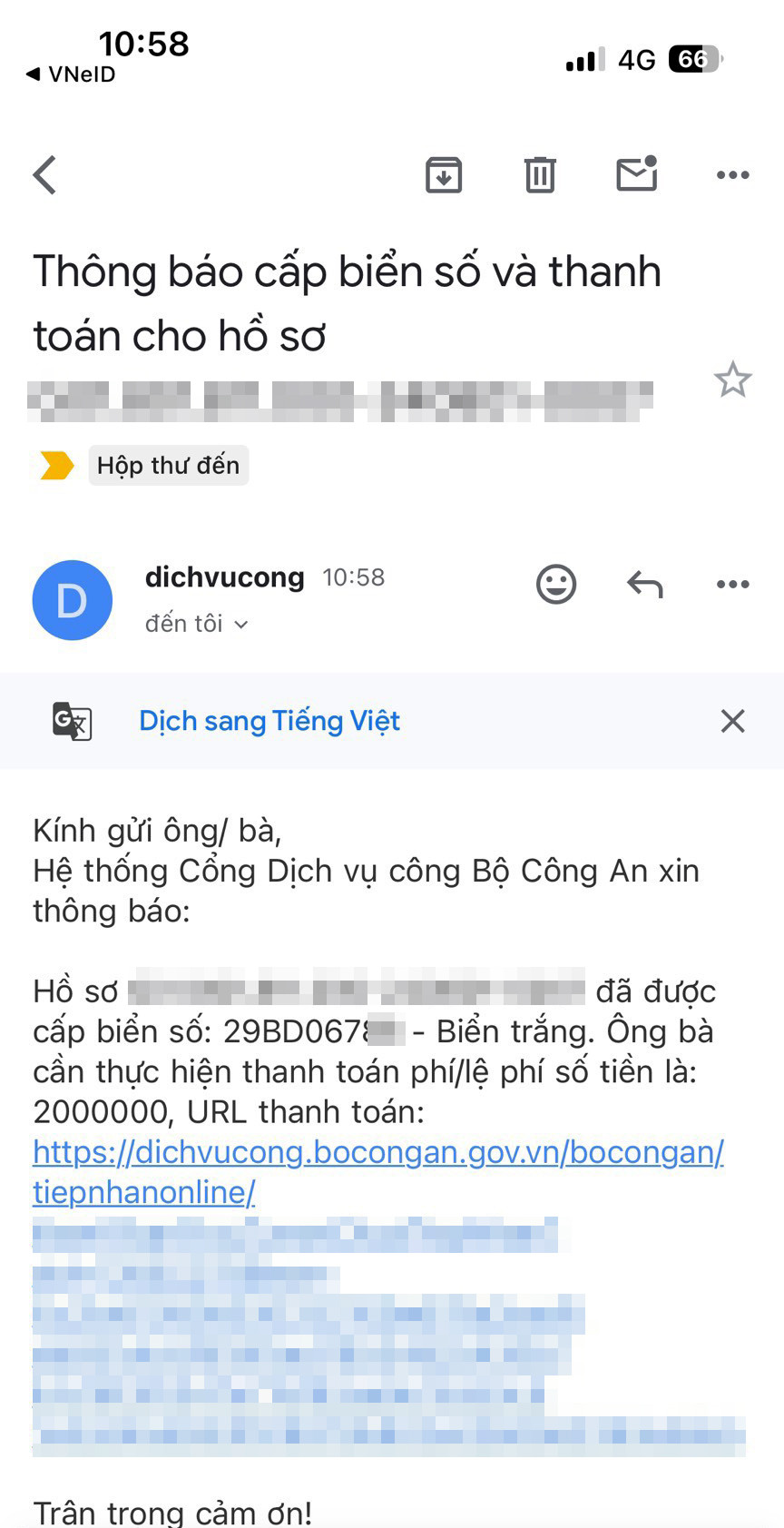 Email xác nhận đăng ký xe.