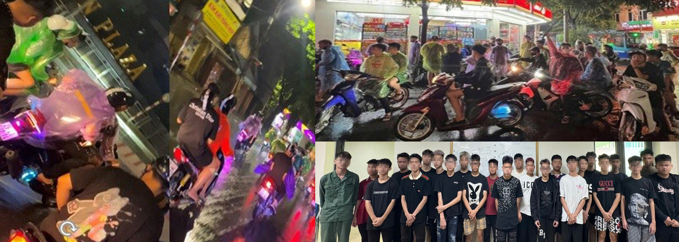 Nhóm thanh niên bị tạm giữ và hình ảnh được các đối tượng khoe trên mạng xã hội.