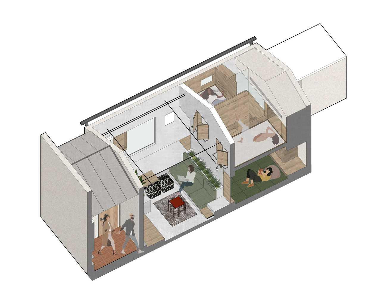 Sau khi xem xét kĩ trạm giao hàng cũ rộng 30m2, các kiến trúc sư quyết định chia nó thành hai phần. Phần công cộng là khu vực phòng khách; phần riêng tư là khu vực phòng ngủ.