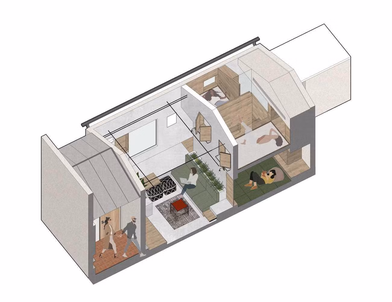 Sau khi xem xét kĩ trạm giao hàng cũ rộng 30m2, các kiến trúc sư quyết định chia nó thành hai phần. Phần công cộng là khu vực phòng khách; phần riêng tư là khu vực phòng ngủ. Sau khi xem xét kĩ trạm giao hàng cũ rộng 30m2, các kiến trúc sư quyết định chia nó thành hai phần. Phần công cộng là khu vực phòng khách; phần riêng tư là khu vực phòng ngủ.