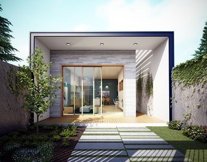 Mẫu nhà ống 1 tầng 1 mặt tiền mang phong cách hiện đại, phòng khách ngập tràn ánh sáng do sử dụng hệ thống cửa kính lớn sang trọng. Ngách nhà có lối nhỏ để tận dụng tối ưu không gian đi lại. Ngôi nhà được thiết kế lùi về phía sau để khoảng sân phía trước rộng rãi, đây có thể là nơi trồng cây, cỏ, có thể lát thêm gạch trắng để lối vào trông sáng và sạch sẽ hơn.