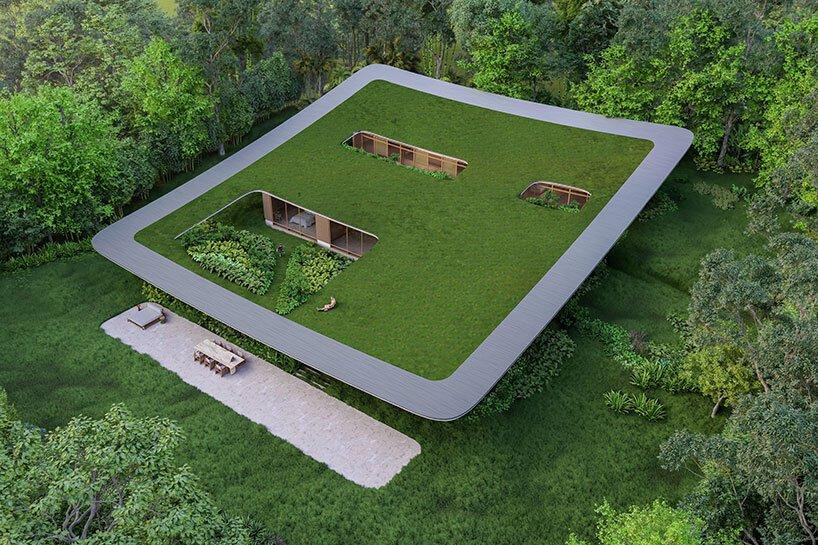 Trên mái được phủ cỏ xanh ngắt để giúp ngôi nhà tàng hình giữa không gian xanh xung quanh. Đồng thời nhờ bãi cỏ rộng lớn trên mái mà nhiệt độ trong nhà được giảm đáng kể vào các tháng hè, giúp tiết kiệm năng lượng.