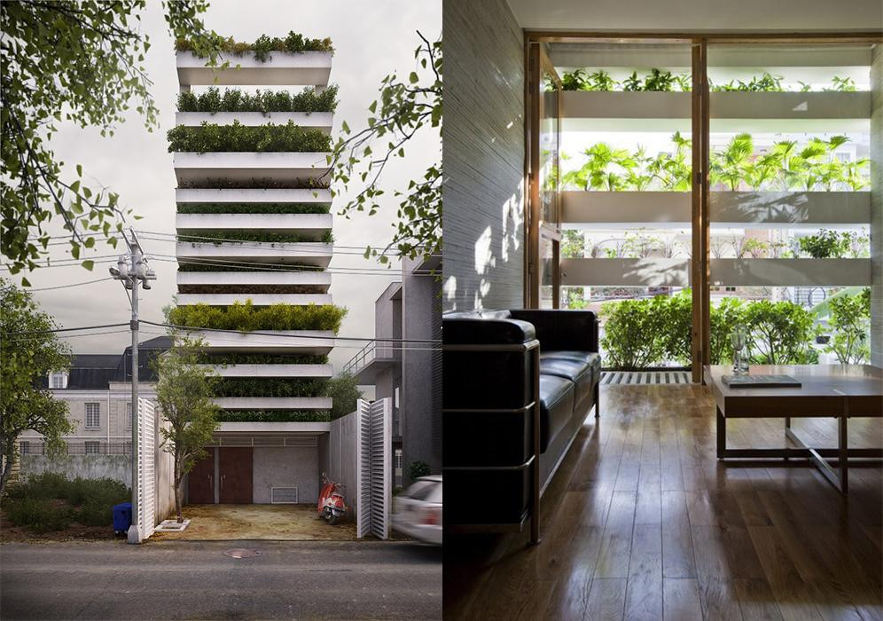 Stacking Green - ngôi nhà ống giữa đô thị tấp nập làm thay đổi cách nhìn về kiến trúc xanh. Thay vì “rào” bằng tường bê tông, ngôi nhà có những bức tường bằng cây và cửa kính giúp làm mát tự nhiên. (Ảnh: Internet) Stacking Green - ngôi nhà ống giữa đô thị tấp nập làm thay đổi cách nhìn về kiến trúc xanh. Thay vì “rào” bằng tường bê tông, ngôi nhà có những bức tường bằng cây và cửa kính giúp làm mát tự nhiên. (Ảnh: Internet)