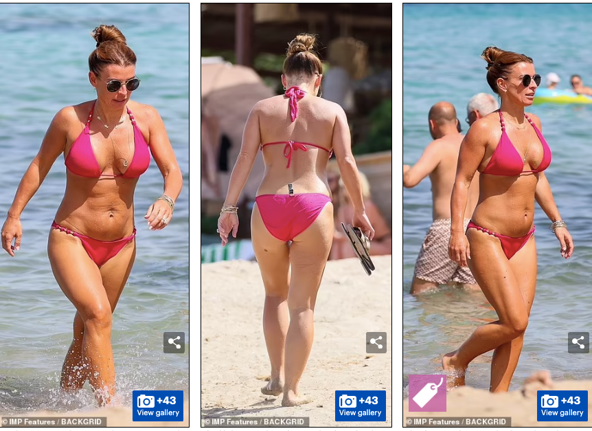 Dailymail mới đây đăng tải loạt ảnh bà xã cựu tiền đạo tuyển Anh thả dáng trên biển ở đảo Ibiza với bộ bikini màu hồng sen đậm nổi bật.