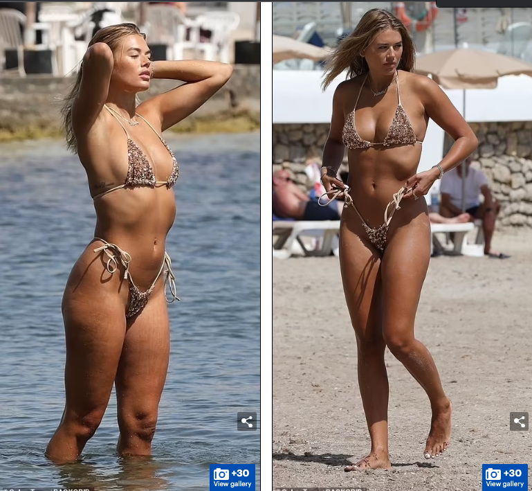 Nàng mẫu, ngôi sao truyền hình nổi tiếng ở Anh khiến người nhìn khó rời mắt khi phô thân hình săn chắc nóng bỏng với bộ bikini tông màu nude nhỏ xíu.