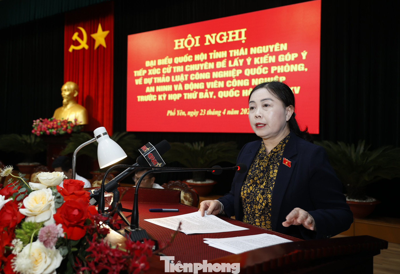 Bà Đoàn Thị Hảo - Phó Trưởng đoàn chuyên trách Đoàn ĐBQH tỉnh Thái Nguyên, phát biểu tại hội nghị. Ảnh: Nhật Minh