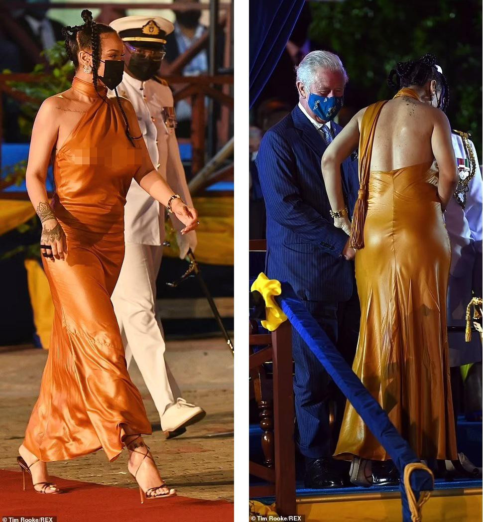 Tại sự kiện quan trọng này, &quot;Nữ ca sĩ giàu nhất thế giới&quot; theo mốt &quot;không nội y&quot; trong chiếc váy dài sang trọng màu cam đến từ thương hiệu xa xỉ Ý Bottega Veneta, có giá 1.850 bảng Anh (56 triệu đồng). Rihanna không chỉ có cơ hội diện kiến Thái tử Charles, mà còn được ông đỡ tay lúc lên cầu thang.