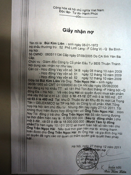 Giấy nhận nợ của Công ty Thuận Thành..