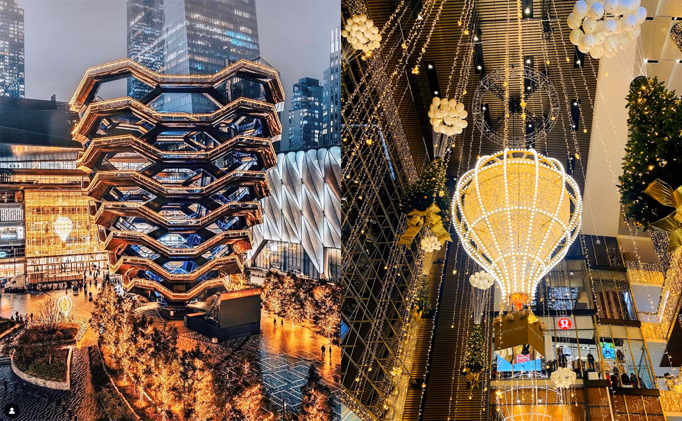 Cũng ở New York, Hudson Yards là một trung tâm mua sắm đồ sộ nằm cạnh khu trưng bày nghệ thuật Vessel. Trong mùa Giáng sinh 2023, Hudson Yards sử dụng hơn hai triệu đèn Giáng sinh để trang trí. Cũng ở New York, Hudson Yards là một trung tâm mua sắm đồ sộ nằm cạnh khu trưng bày nghệ thuật Vessel. Trong mùa Giáng sinh 2023, Hudson Yards sử dụng hơn hai triệu đèn Giáng sinh để trang trí.