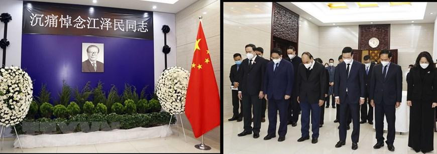 Lãnh đạo Đảng, Nhà nước, Chính phủ, Quốc hội, Mặt trận Tổ quốc Việt Nam do Chủ tịch nước Nguyễn Xuân Phúc dẫn đầu, viếng nguyên Tổng Bí thư, Chủ tịch Trung Quốc Giang Trạch Dân. (Ảnh: Thống Nhất/TTXVN)