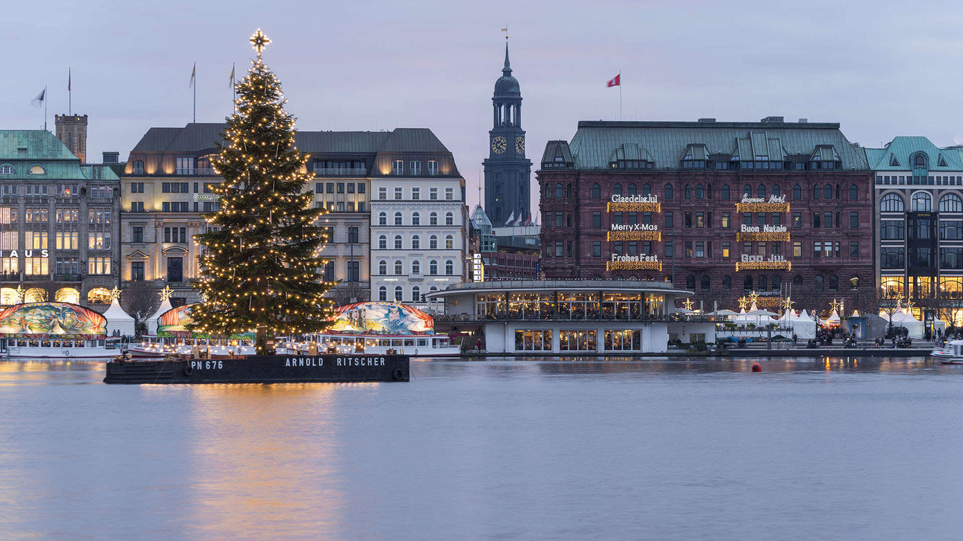 Một cây thông Noel nổi trên mặt nước của sông Elbe (Hamburg, Đức)