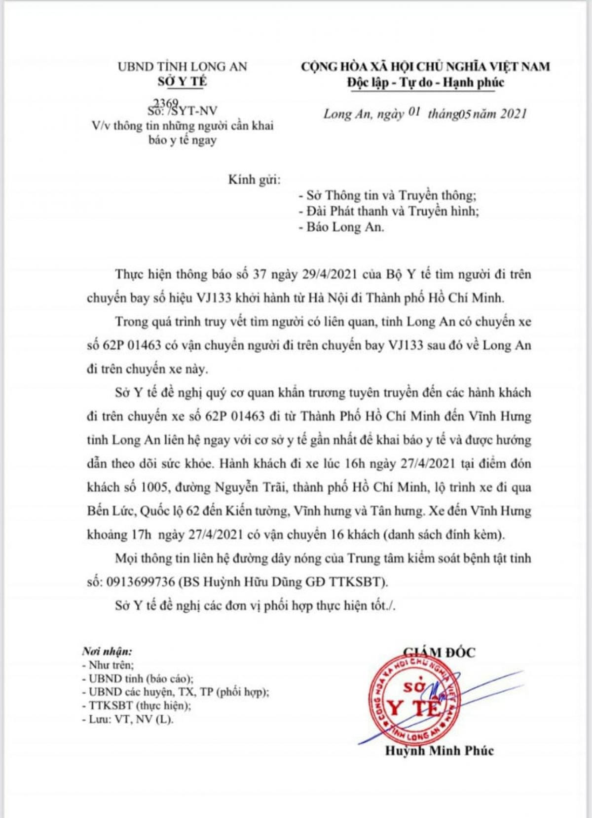 Thông báo của Sở Y tế tỉnh Long An về việc tìm kiếm những người liên quan đến BN2910.