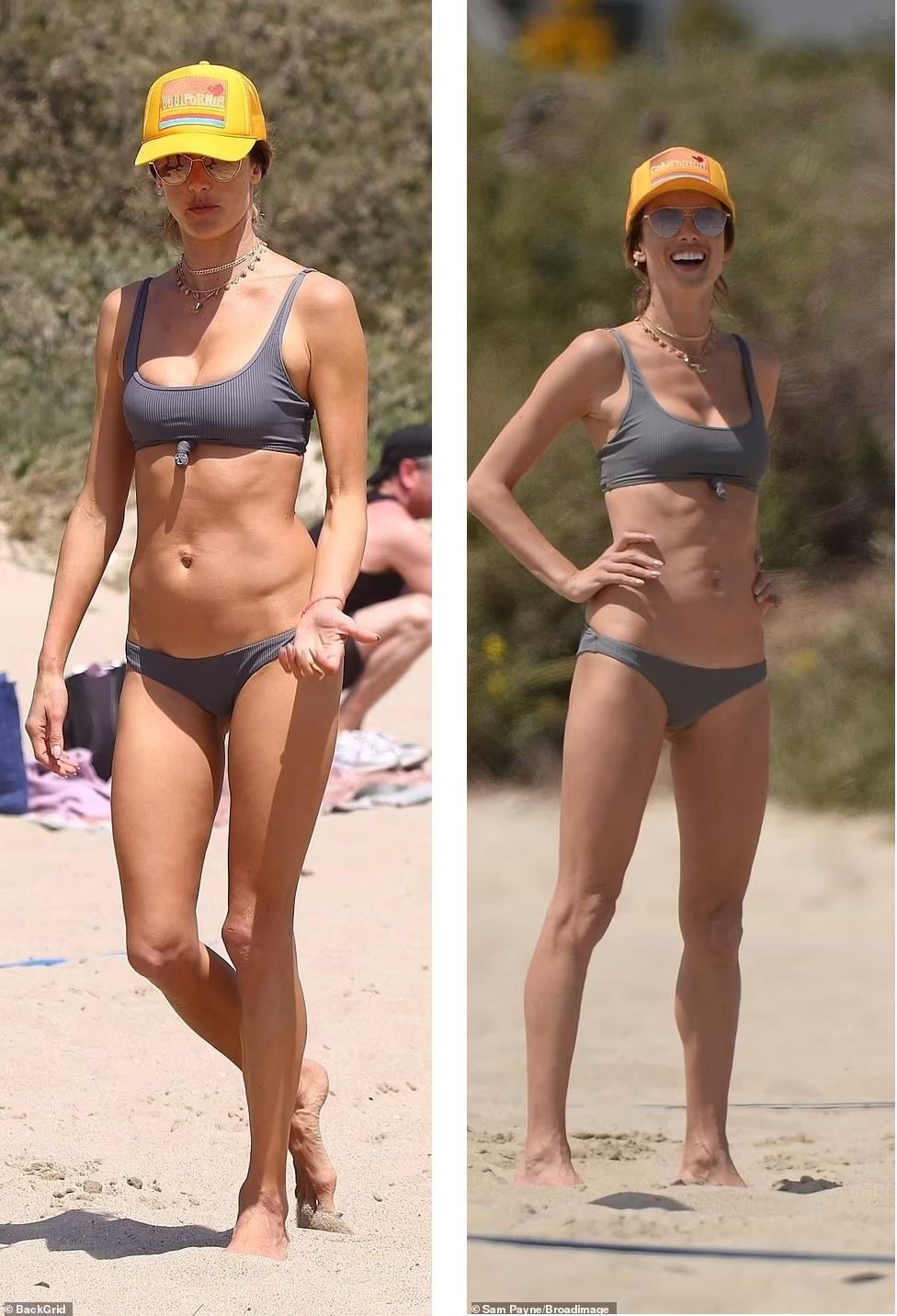 Alessandra sau đó cởi bộ đồ mặc ngoài, chỉ để lại bikini dáng thể thao bé xíu màu xám. Cô đội mũ lưỡi trang màu vàng rực rỡ, kết hợp kính râm và vòng cổ để tạo điểm nhấn.
